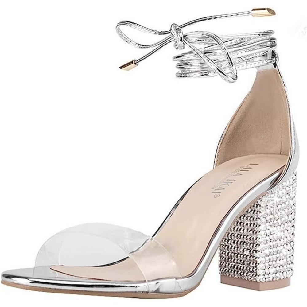Lala Ikai Silver Strappy Open Toe Rhinestone Block Heels Party Shoe Sz 7.5‎ NIB